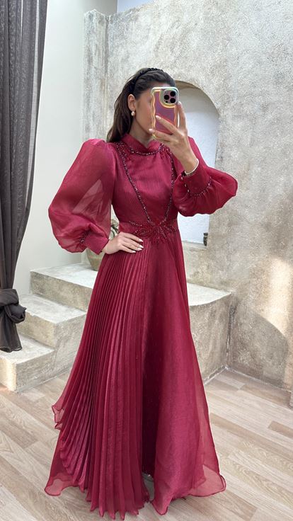 Fuchsia Balloon Sleeve Pleated Design Satin Dress
