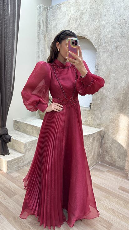 Fuchsia Balloon Sleeve Pleated Design Satin Dress