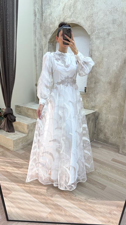 Brown Balloon Sleeve Shoulder Detail Design Hijab Evening Dress