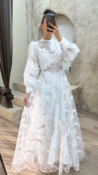 Brown Balloon Sleeve Shoulder Detail Design Hijab Evening Dress
