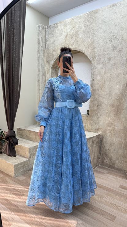 Indigo Balloon Sleeve Shoulder Detail Design Evening Dress