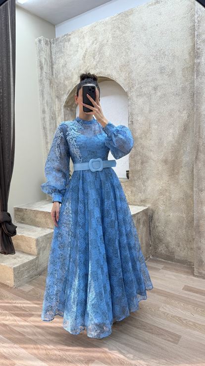 Indigo Balloon Sleeve Shoulder Detail Design Evening Dress