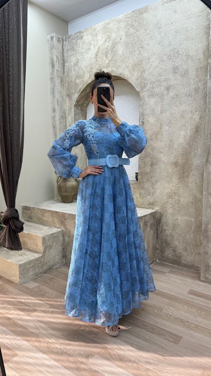 Indigo Balloon Sleeve Shoulder Detail Design Evening Dress