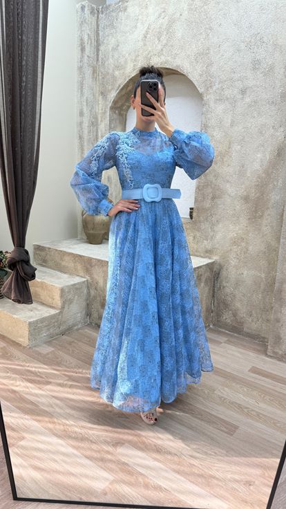 Indigo Balloon Sleeve Shoulder Detail Design Evening Dress