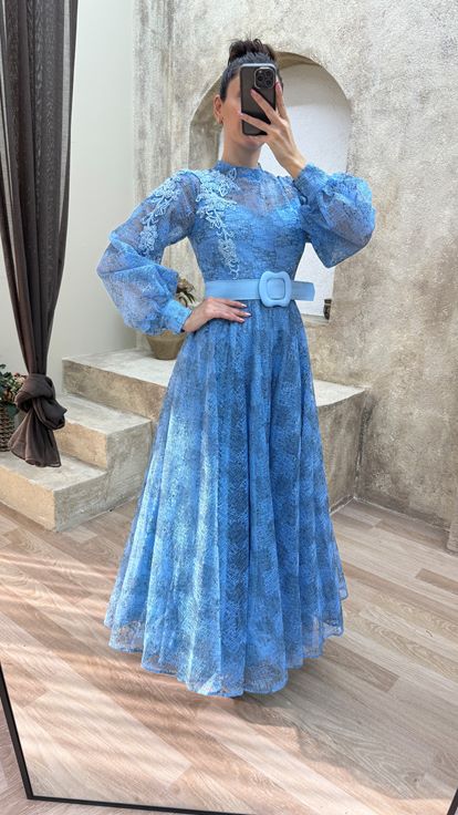 Indigo Balloon Sleeve Shoulder Detail Design Evening Dress