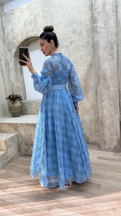 Indigo Balloon Sleeve Shoulder Detail Design Evening Dress
