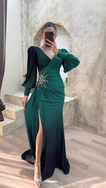 Emerald Double-breasted Collar Brooch Evening Dress