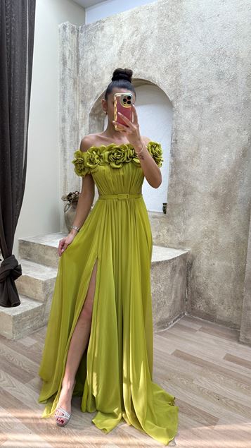 Mustard Strapless Chest Rose Waist Detail Design Evening Dress