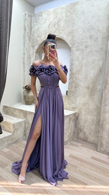 Lilac Strapless Chest Rose Waist Detail Design Evening Dress