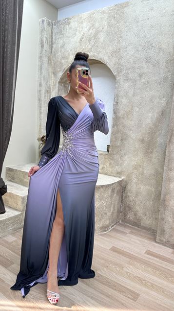 Lilac Double-breasted Collar Brooch Evening Dress