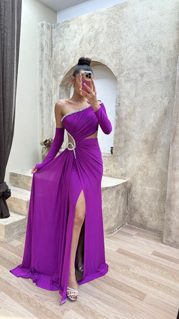 Fuchsia Strapless Waist Detail Stone Embroidered Design Satin Evening Dress