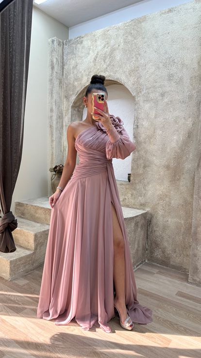 Powder One Shoulder Rose Detail Draped Design Chiffon Evening Dress
