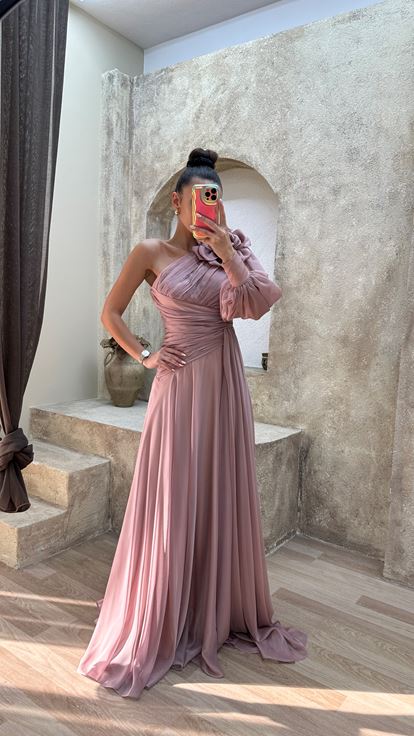 Powder One Shoulder Rose Detail Draped Design Chiffon Evening Dress
