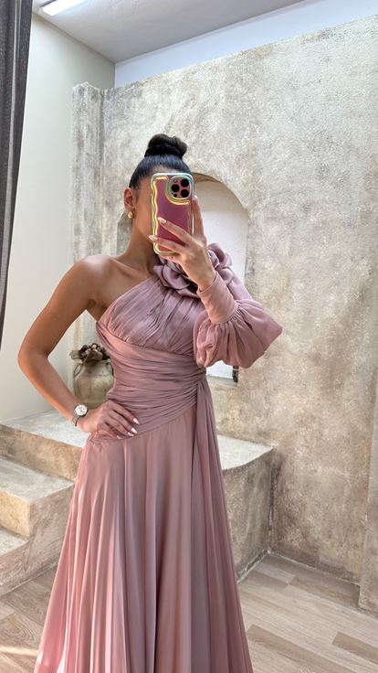 Powder One Shoulder Rose Detail Draped Design Chiffon Evening Dress