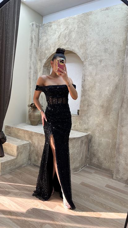 Black Transparent Detail Slit Design Sequin Dress