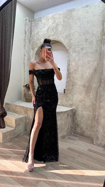 Black Transparent Detail Slit Design Sequin Dress