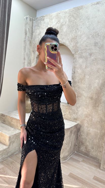 Black Transparent Detail Slit Design Sequin Dress
