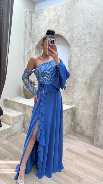 One Shoulder Waist Detail Embroidered Design Dress