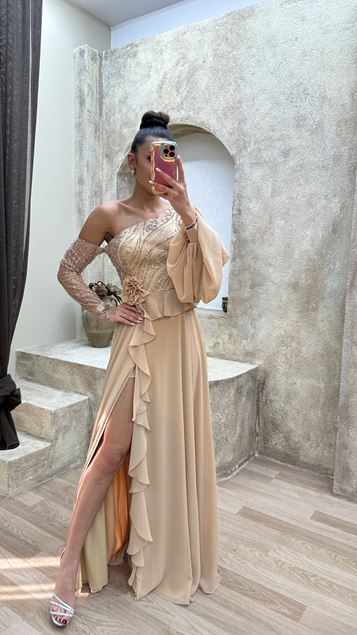 One Shoulder Waist Detail Embroidered Design Dress