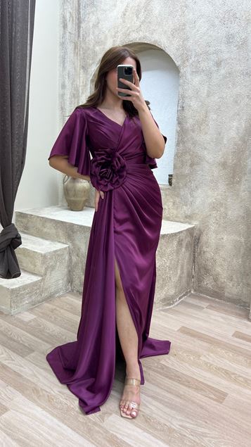 Mangas Volante Detalle de la cintura Diseño Vestido de noche de satén