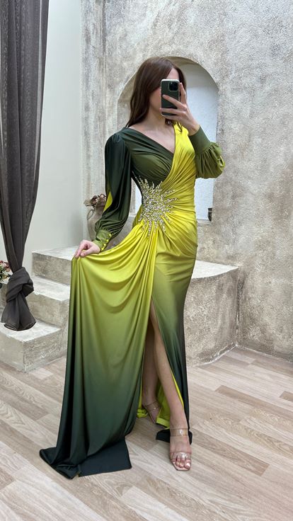 V-Neck Back Detail Waist Stone Embroidered Design Satin Dress