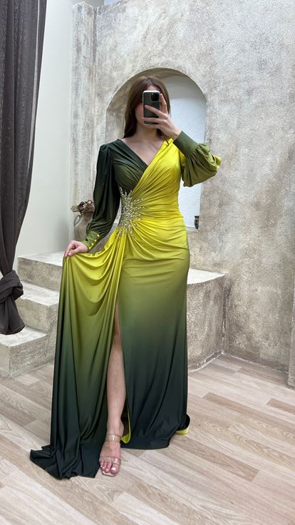 V-Neck Back Detail Waist Stone Embroidered Design Satin Dress