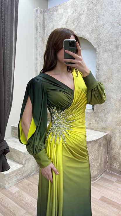 V-Neck Back Detail Waist Stone Embroidered Design Satin Dress