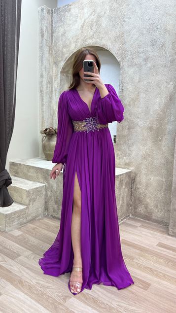 Purple Balloon Sleeve Waist Stone Embroidered Plus Size Evening Dress