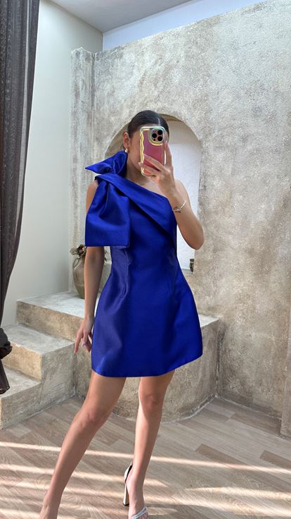 Sax Shoulder Bow Detail Design Mini Dress
