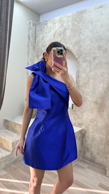 Sax Shoulder Bow Detail Design Mini Dress