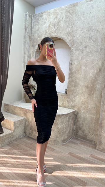 Black Asymmetrical Cut Draped Design Dress