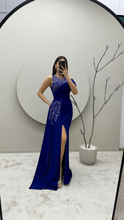 Saks Shoulder Detail Draped Design Evening Dress