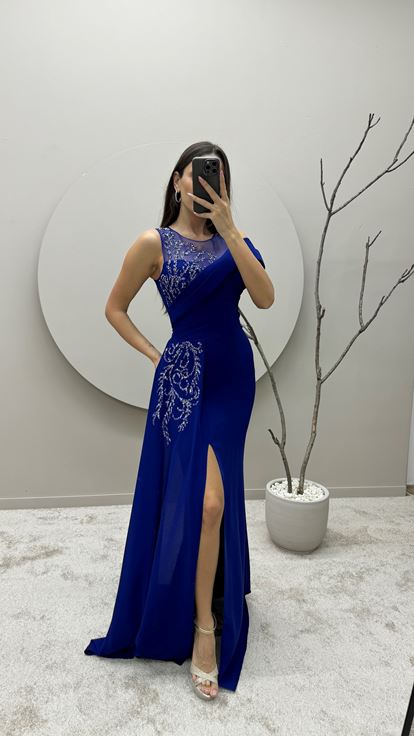 Saks Shoulder Detail Draped Design Evening Dress