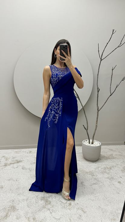 Saks Shoulder Detail Draped Design Evening Dress