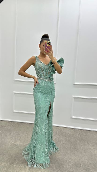 Mint Green Evening Dress with Ruffle Detail on the Shoulder