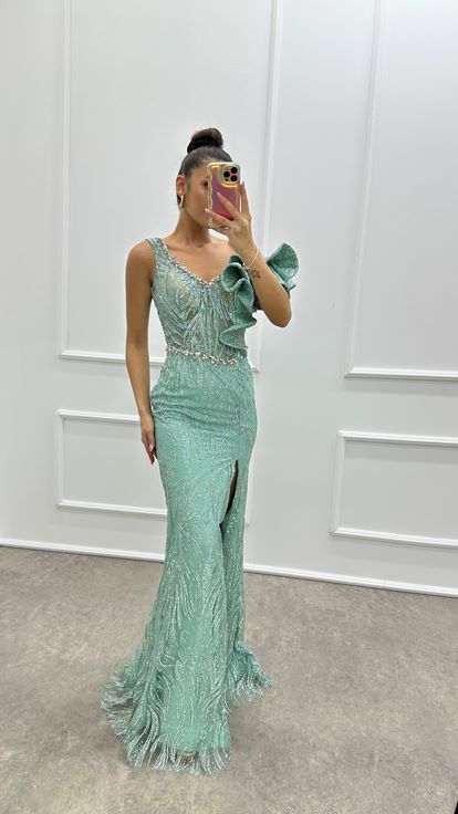 Mint Green Evening Dress with Ruffle Detail on the Shoulder