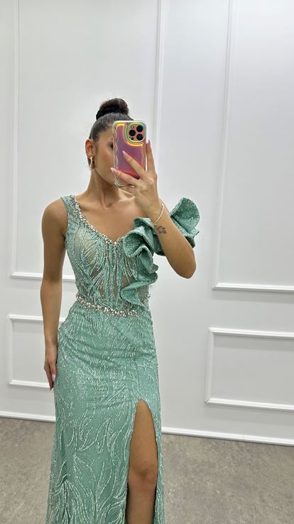 Mint Green Evening Dress with Ruffle Detail on the Shoulder