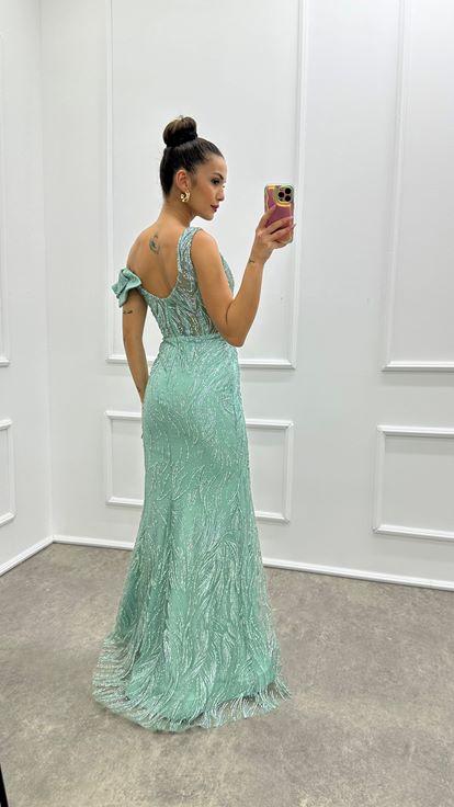 Mint Green Evening Dress with Ruffle Detail on the Shoulder