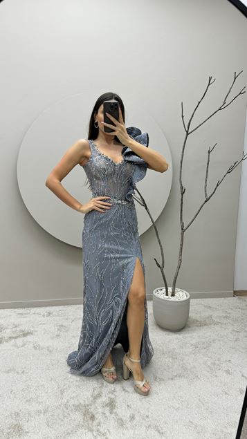 Grey Shoulder Flywheel Detail Embroidered Design Evening Dress