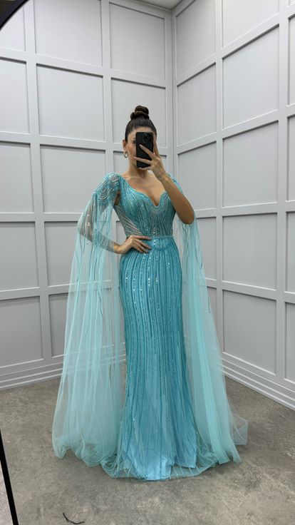 Mangas turquesa Detalle de tul en la cintura Diseño Vestido de noche de lentejuelas