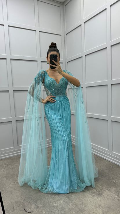 Mangas turquesa Detalle de tul en la cintura Diseño Vestido de noche de lentejuelas