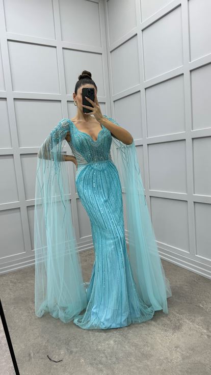 Mangas turquesa Detalle de tul en la cintura Diseño Vestido de noche de lentejuelas