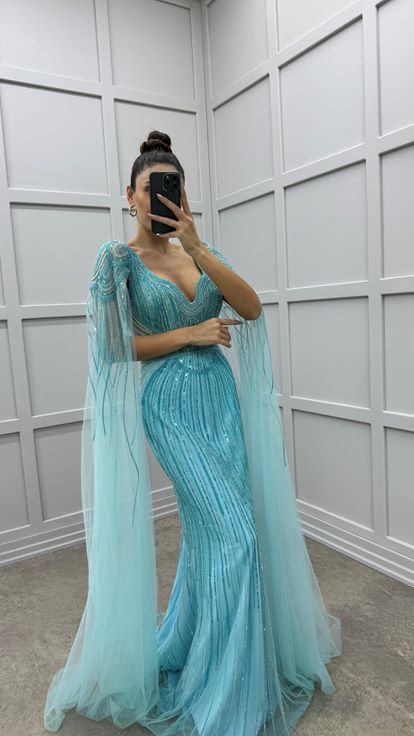 Mangas turquesa Detalle de tul en la cintura Diseño Vestido de noche de lentejuelas