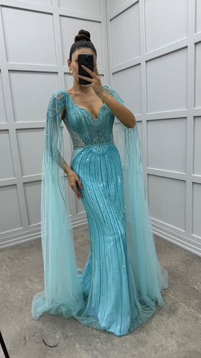 Mangas turquesa Detalle de tul en la cintura Diseño Vestido de noche de lentejuelas