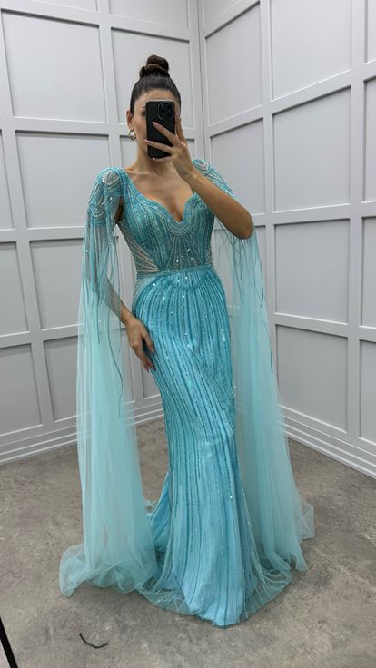 Mangas turquesa Detalle de tul en la cintura Diseño Vestido de noche de lentejuelas