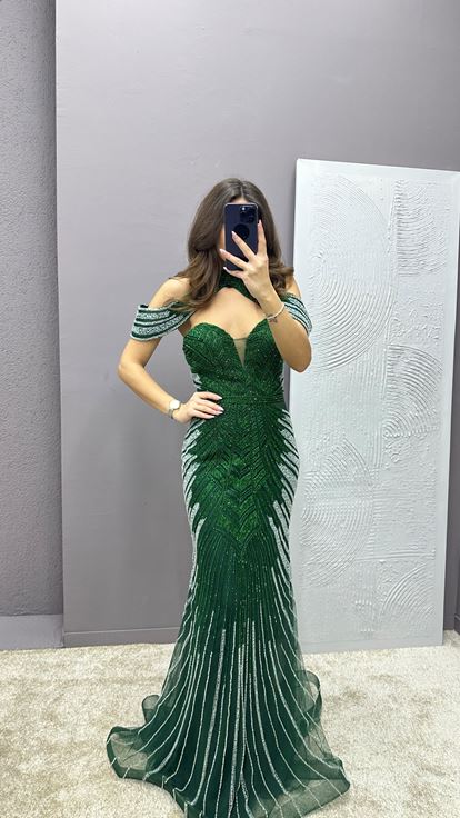 Emerald Green Neck Detail Embroidered Design Evening Dress