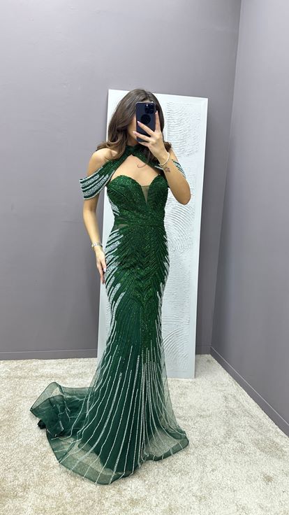 Emerald Green Neck Detail Embroidered Design Evening Dress