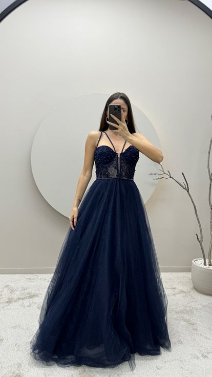 Navy Blue Transparent Detail Embroidered Design Tulle Evening Dress