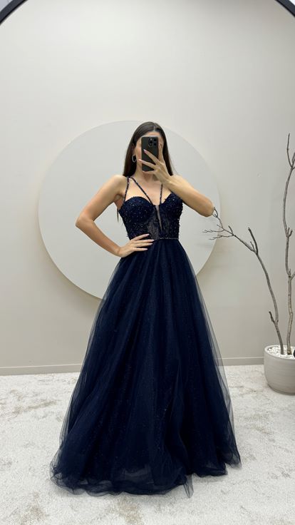 Navy Blue Transparent Detail Embroidered Design Tulle Evening Dress