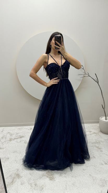 Navy Blue Transparent Detail Embroidered Design Tulle Evening Dress